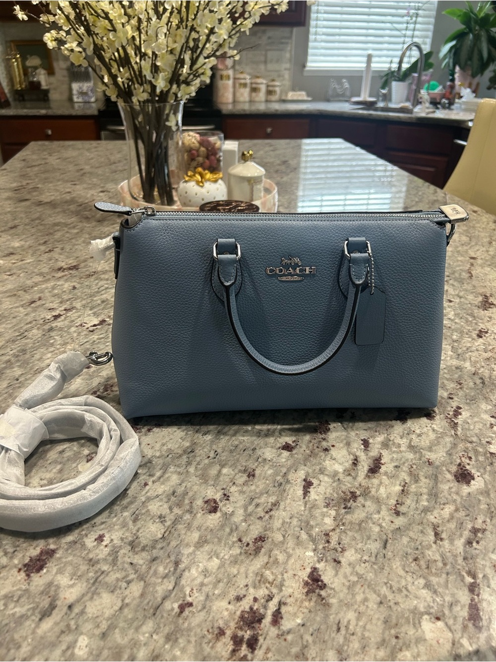 Coach Pebbled Leather Satchel w/Crossbody Strap in Bluebell - NWT